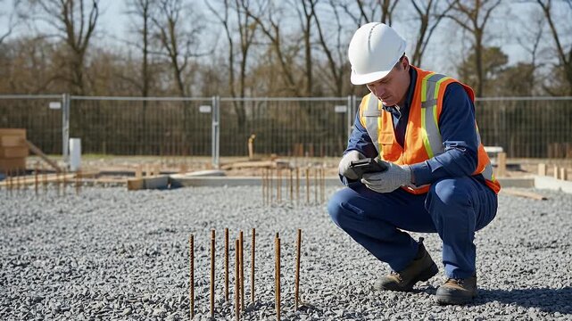 A construction worker in a safety helmet and vest meticulously examines site measurements while crouching on a gravel foundation at a building site during daylight.