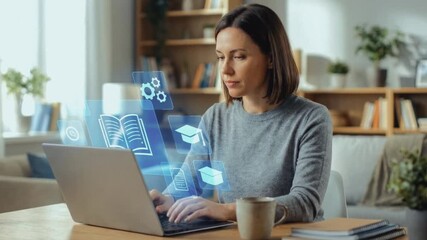 Woman typing on laptop with holographic education icons. Student studying with futuristic digital interface in home office. Online learning and edtech concept - Powered by Adobe