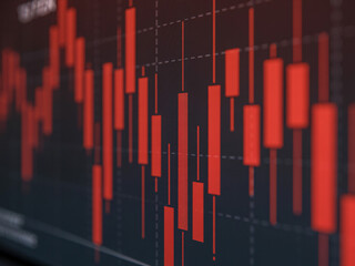 Dramatic red candlestick chart signals financial market downturn and economic recession, a visual representation of loss and instability for investment themes