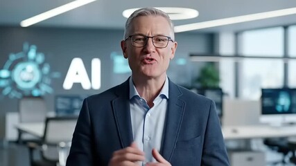 Man in a suit talking about AI in a modern office environment. - Powered by Adobe