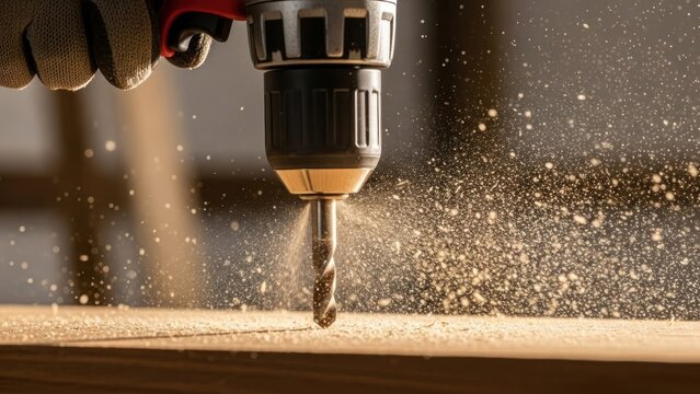 Drilling wood detail close up showing carpenter tool work with sawdust particles