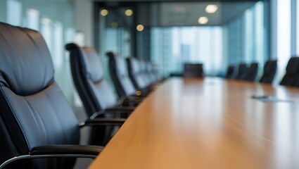 Empty corporate conference room with chairs and long wooden table