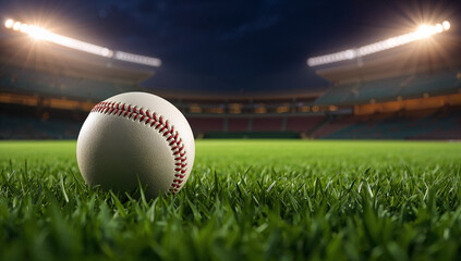 A bright baseball on the field with floodlights shining down, signaling the start of the game.