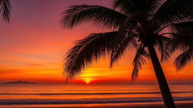 Sunset over ocean palm tree silhouette vibrant colors dramatic sky scene - Powered by Adobe