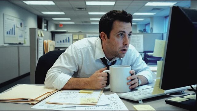 Stressed businessman staring at computer monitor in office. Shocked employee holding coffee mug at cluttered desk. Overworked corporate worker dealing with anxiety and burnout