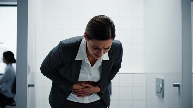 A professional woman experiencing severe abdominal discomfort in an office restroom highlighting the crucial challenges of managing health issues