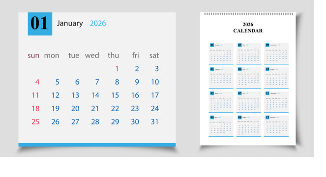 2026 Calendar Page Showing January and Multiple Months on a Spiral Bound Notebook Page date Christmas