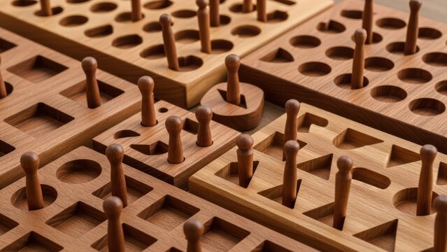 Wooden puzzle game boards with pegs arranged in geometric shapes close up