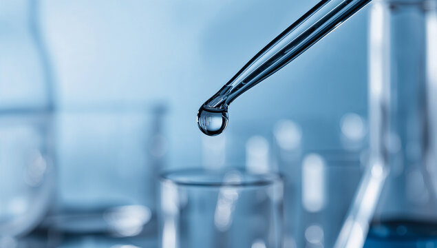 Close up of a water drop falling from a pipette, symbolizing precision in laboratory experiments.