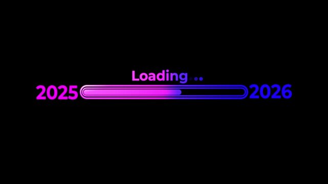 Loading bar from year 2025 to 2026 with neon glow effect progress future.Happy new year loading bar.