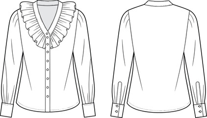 Ruffled V-neck blouse fashion sketch, button front, long sleeves, pleated cuffs, technical illustration, garment design, sewing pattern