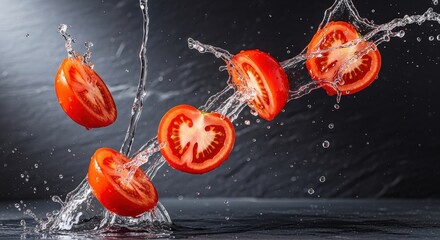 Halved red tomatoes splashing into dark water and suspended with water drops against a black background
