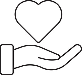 A simple line art icon of an open hand holding a heart, symbolizing love, charity, and care.