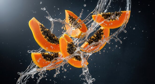 Fresh papaya slices splashing with clear water against a dark background, showing vibrant tropical fruit