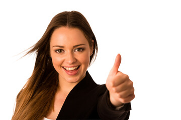 Preety asian caucasian business woman gesturing success showing thumb up