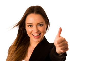 Preety asian caucasian business woman gesturing success showing thumb up