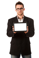 Businessman holding tablet computer and showing blank monitor for advertise. Conceptual image.
