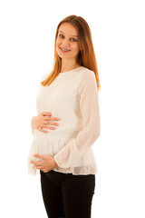 Beautiful pregnant woman holding belly isolated over no  background PNG