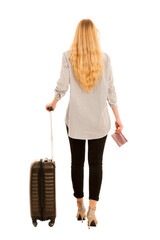 Young blonde woman with suitcase travelling isolated with no background PNG
