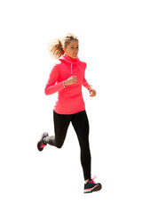 Young woman in pink and black dress runs cross country on a warm spring day  isolated with no background PNG