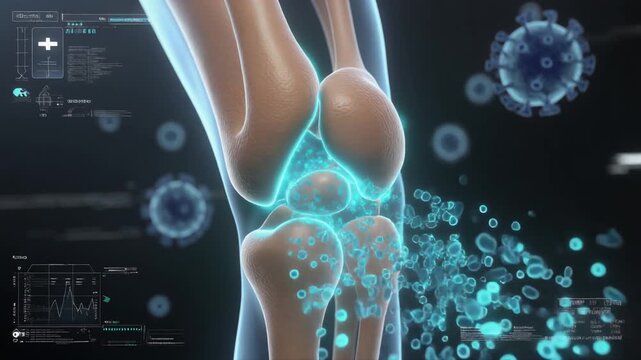 A precise 3D medical rendering of a human kneecap (patella) displayed in a clean, clinical environment. The kneecap is shown in semi-transparent anatomical detail, revealing the cartilage surface.