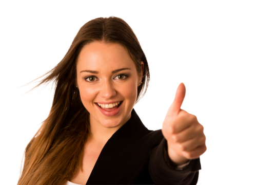 Preety asian caucasian business woman gesturing success showing thumb up - Powered by Adobe