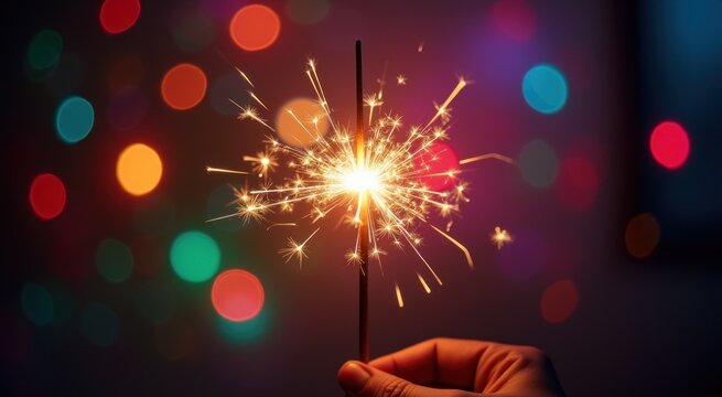 Someone holding a sparkler in their hand with a colorful background