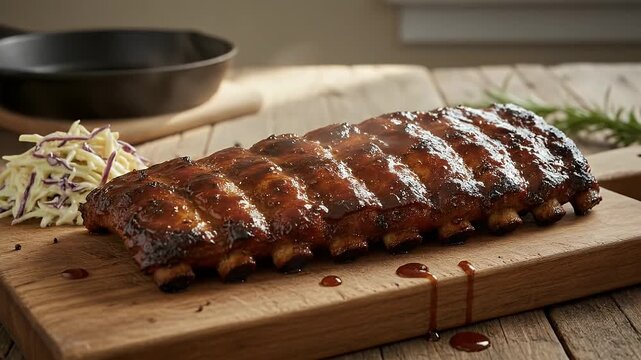 Deliciously grilled BBQ ribs served on a rustic wooden board with tangy coleslaw on the side, perfect for summer cookouts and food photography to entice hungry diners.