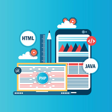 Coding and programming app in laptop and smartphone for Web developer concept