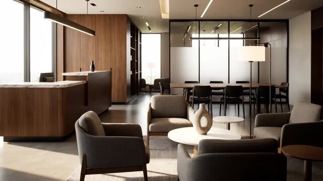 Modern Corporate Lounge: Elegant Interior with Reception and Glass Meeting Room for Professional Use
