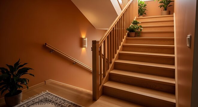 Warm oak stairway ascent with potted greenery and gentle wall lighting