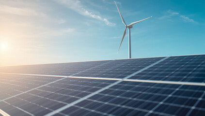 Harnessing clean energy with solar panels and wind turbines, providing a sustainable energy solution
