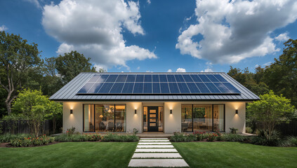 A modern home with solar panels on the roof, symbolizing sustainable living and eco friendly energy solutions.