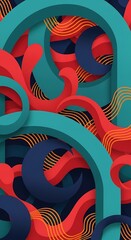 Dynamic interplay of fluid shapes and structural arches, vibrant abstract