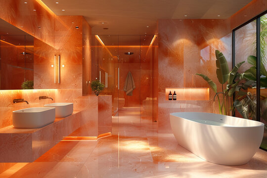 A modern peach-toned bathroom with a sleek freestanding tub, warm backlit marble walls, twin sinks, and lush plants creating a bright and luxurious spa-like feel.