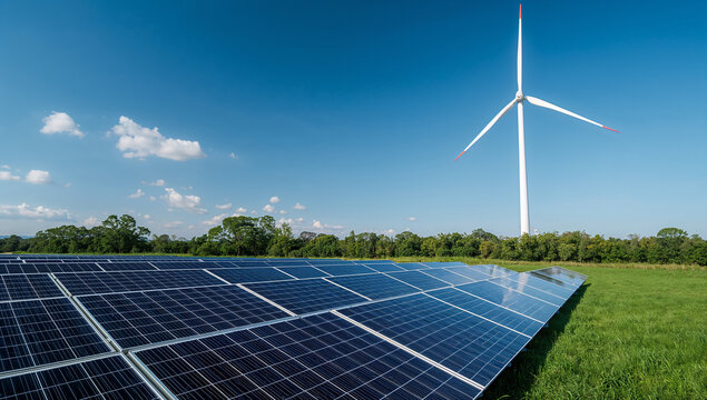 Solar panels and a wind turbine under a bright blue sky, representing renewable energy production - Powered by Adobe