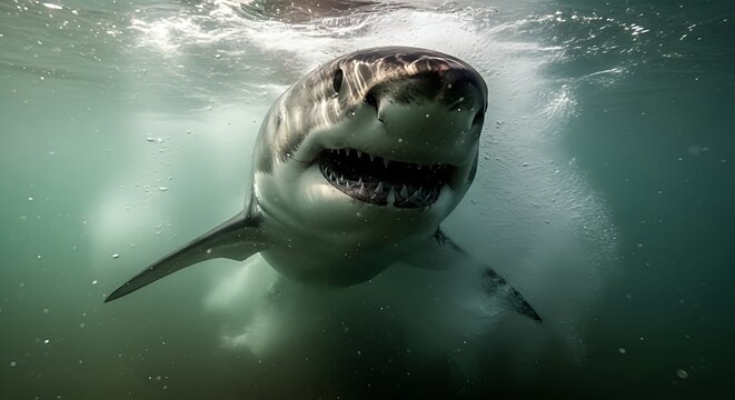 Close-up of a great white shark underwater with open jaws showing sharp teeth. - Powered by Adobe