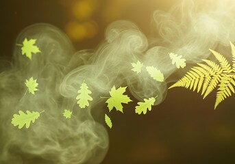 Fern frond and floating autumn leaves dancing with misty ambiance design