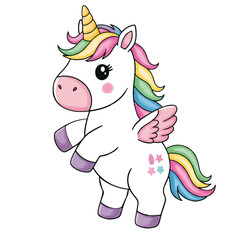 Naklejka premium Cute Chibi Unicorn with Rainbow Hair and Wings Watercolor Illustration