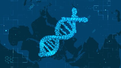 Innovative Genetics: DNA Strand on Digital Blue Backdrop with Scientific Elements