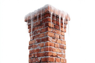 Naklejka premium Brick Chimney With Icicles Measures in Sharp Focus Showing Winter Conditions and Details on a White Background