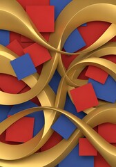 Golden ribbons amidst vibrant squares creating an abstract design