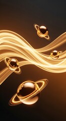 Golden Planets and Flowing Light Waves in Luxurious Decorative Theme