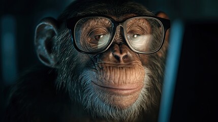 A cunning monkey wearing glasses programs on a computer, text on a transparent monitor. He smiles slyly. Dark room.