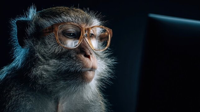 A cunning monkey wearing glasses programs on a computer, text on a transparent monitor. He smiles slyly. Dark room.