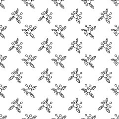 Doodle pattern of botanical decorations drawn by hand. Simple berry bunches and leaves scattered across the form. Perfect for wrapping paper, seasonal textile prints, digital paper, surface decoration