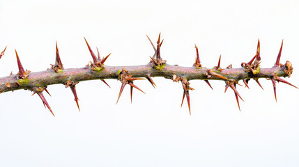 A thorny branch with sharp reddish-brown spikes against a white background.