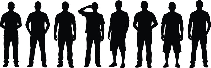 Silhouettes of men standing in different poses, casual male figure collection, isolated human outlines for design, illustration, artwork, reference use