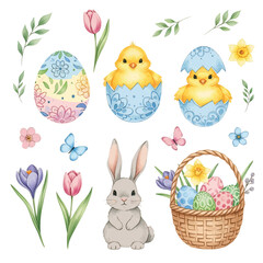 Spring Holiday Collection with Rabbit, Tulips, Daffodils, and Basket