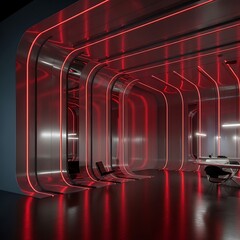 Illuminated futuristic corridor with red neon lights in minimal setting